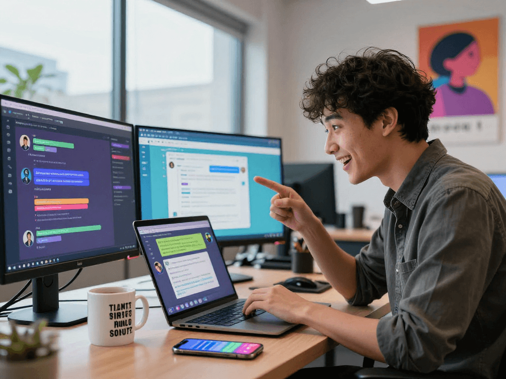 Engaging spicy ai chat in a vibrant tech workspace with laptops and chat interfaces.