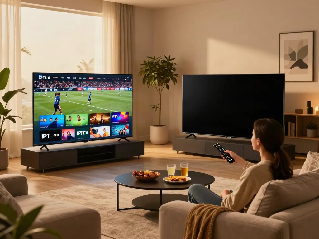 Engaging living room scene showcasing IPTV in action with test results on a smartphone.