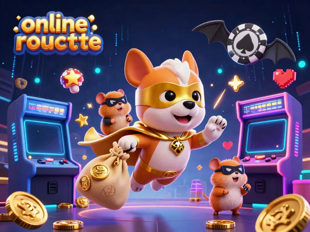 Engage in online roulette with vibrant 3D illustration featuring a superhero dog and hamster amidst colorful casino elements.