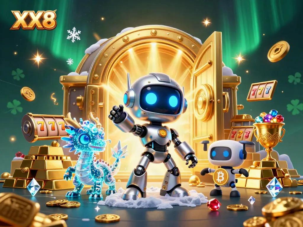 Experience the thrill of XX8 casino with a vibrant illustration featuring slot reels, golden treasures.
