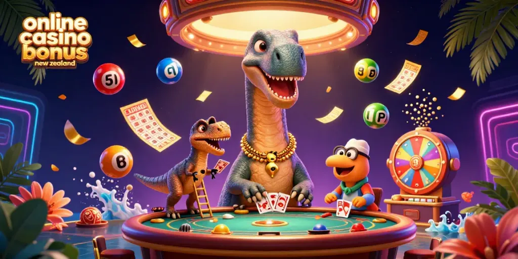 Engage with the online casino bonus new zealand scene filled with vibrant elements and characters.