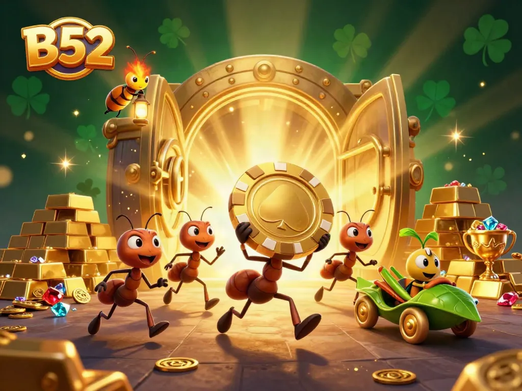 B52 heist scene featuring cartoon ants stealing a giant poker chip amidst shimmering treasures.