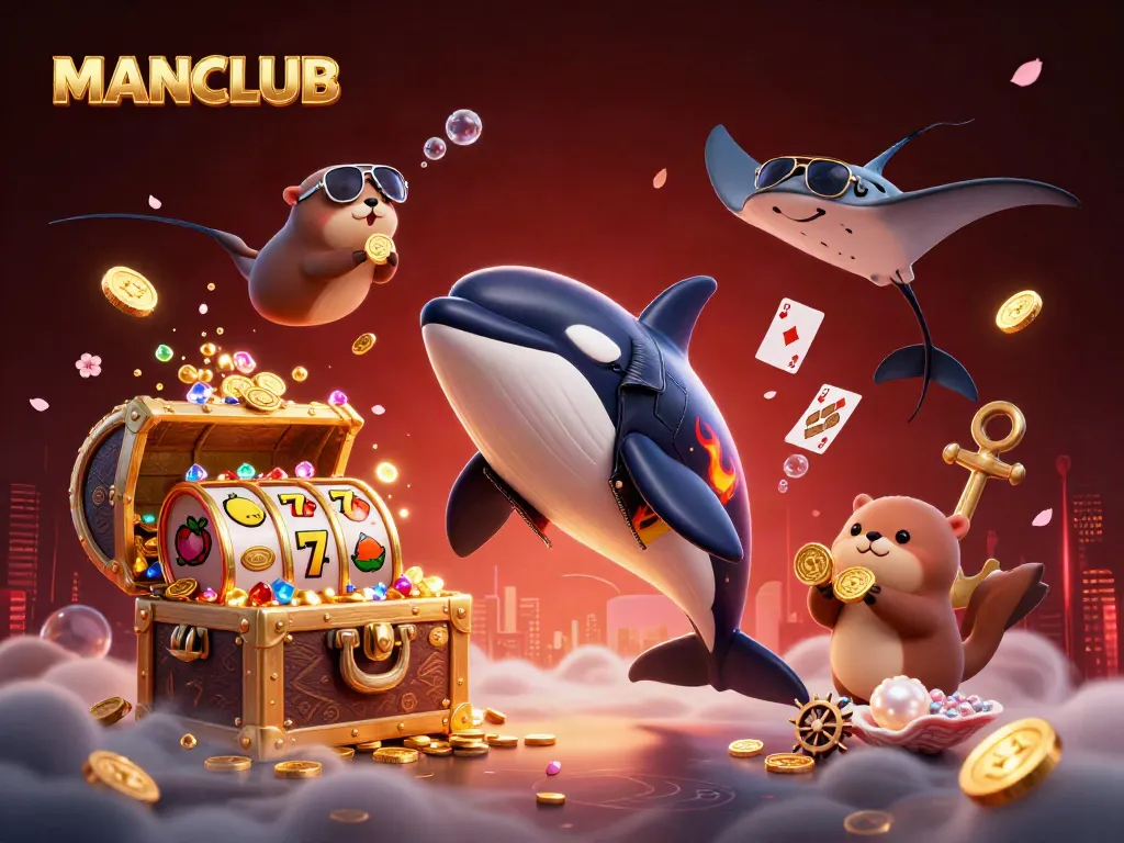Join the excitement of MANCLUB as vibrant characters celebrate wins with coins, slots, and a lively gaming atmosphere.