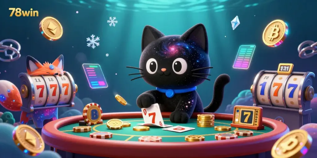 Experience the excitement of 78win with a cat and fox in a vibrant casino scene capturing jackpots and crypto.