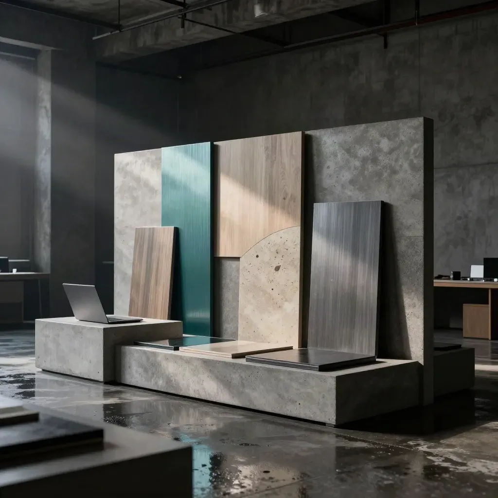 Atelier strategico industriale con pannelli modulari, campioni materici e laptop chiuso nella luce dell’alba