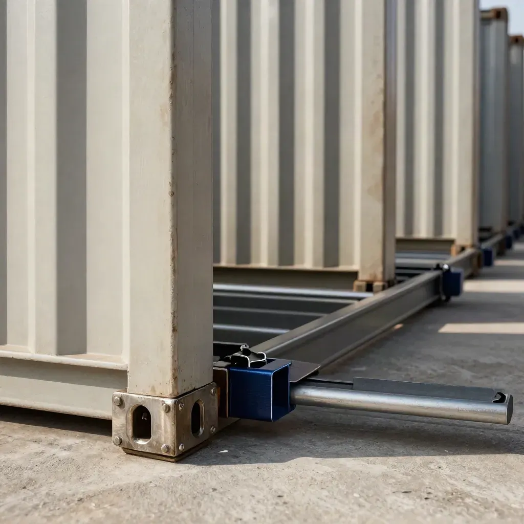 Contenitori modulari e clip metalliche su superficie industriale, con luce drammatica e foschia leggera.