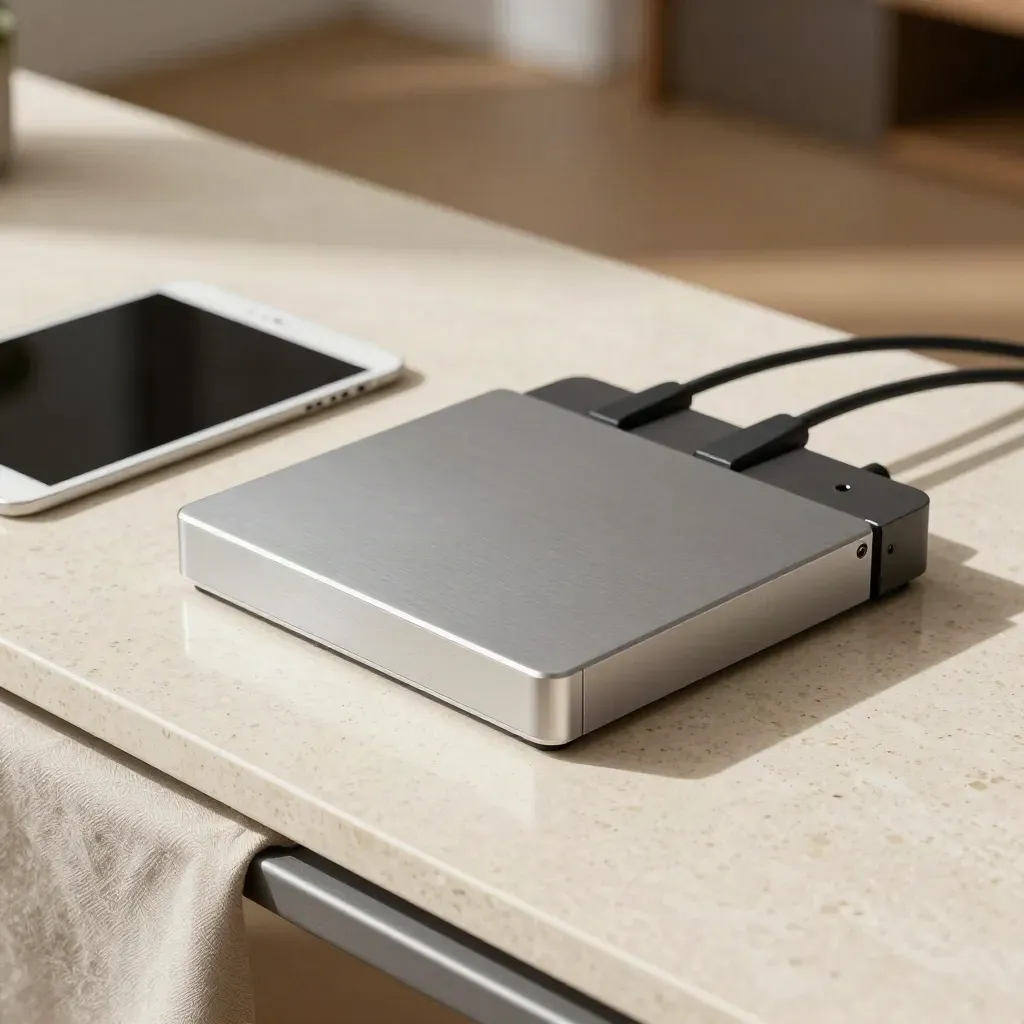 Postazione digitale con tablet, hub di rete e moduli in alluminio su travertino