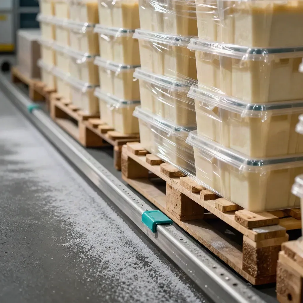 Corsia di magazzino food con cassette sigillate, pallet puliti e condensa lieve.