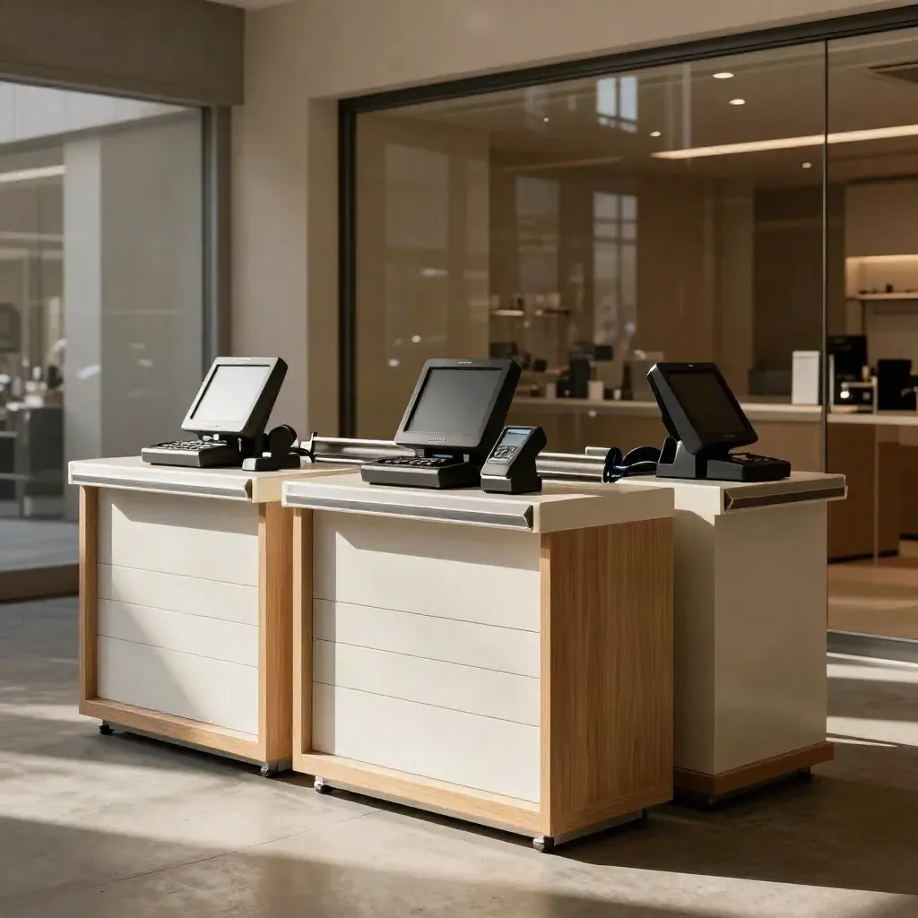 Tre banchi retail coordinati in showroom, luce naturale e finiture premium.