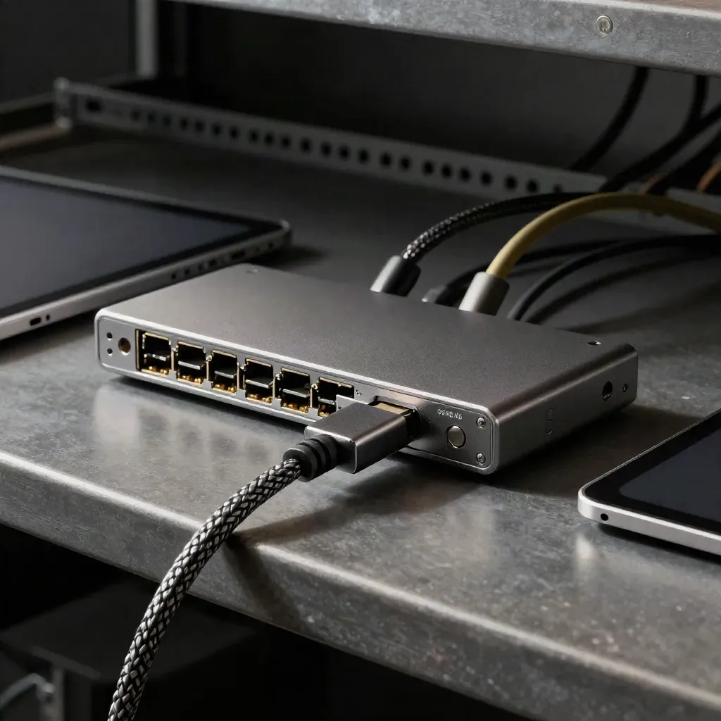 Hub Ethernet, cavo intrecciato, adattatore USB-C e tablet in docking su superficie tecnica scura.