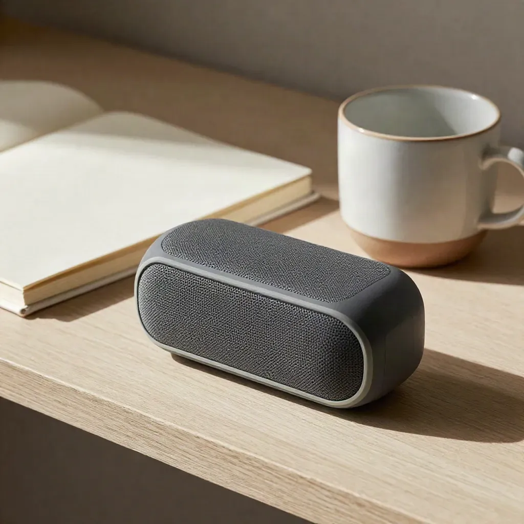 Speakerphone spento, quaderno chiuso e tazza opaca su legno chiaro, luce laterale soffusa.
