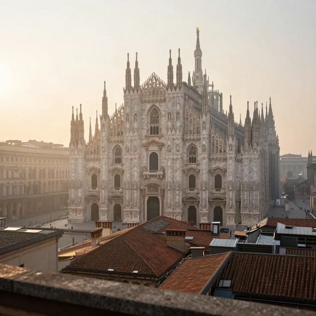 Il Duomo di Milano emerge nella nebbia all’alba sopra i tetti della città