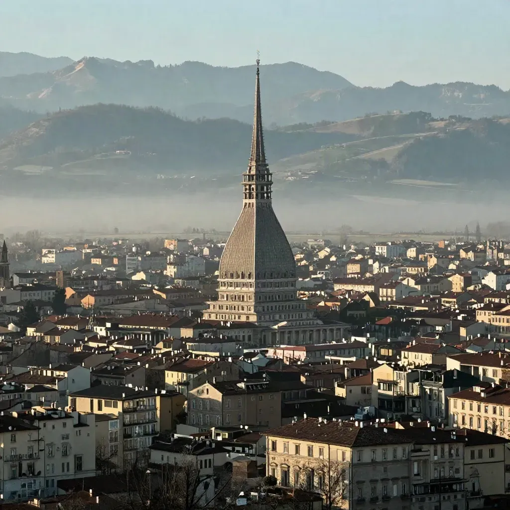 La Mole Antonelliana emerge nella bruma sopra Torino e le colline piemontesi