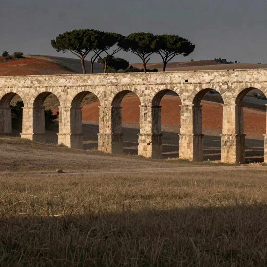 Acquedotti romani e pini della campagna laziale in luce calda e foschia