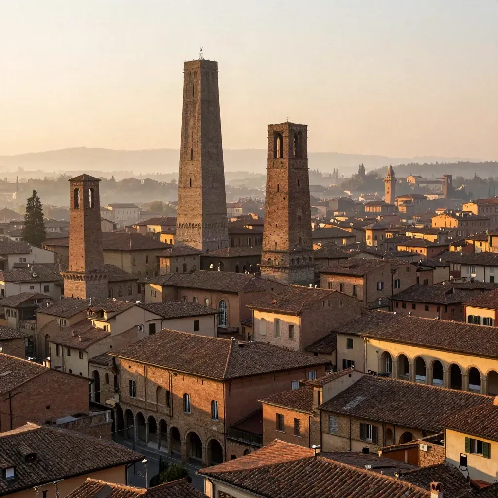 Torri di Bologna all’alba sopra i tetti emiliani, con spazio calmo per il testo.