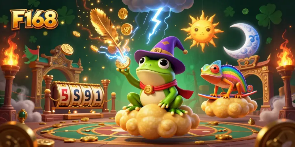 F168 casino illustration shows a wizard frog conjuring golden coins amid vibrant gaming elements.