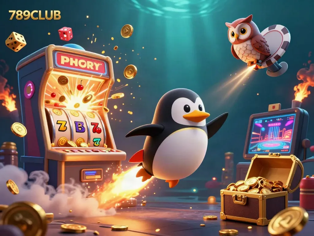Experience the excitement of 789CLUB with a golden penguin soaring past a jackpot explosion and casino symbols.