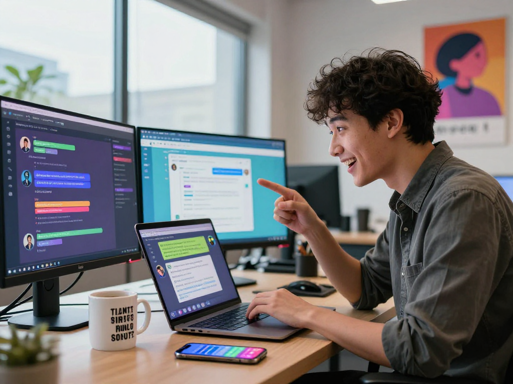 Engaging spicy ai chat in a vibrant tech workspace with laptops and chat interfaces.