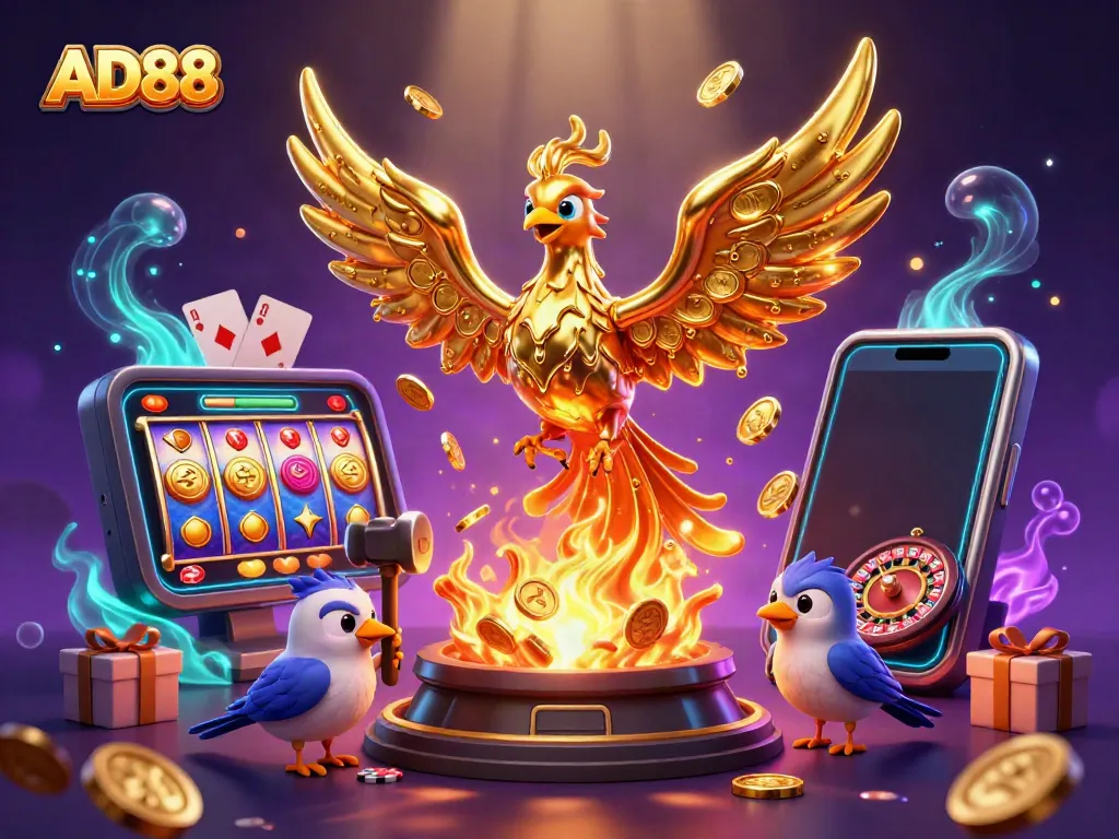 Experience the thrill of winning with AD88's immersive gaming scene featuring dynamic slot games and rich rewards.