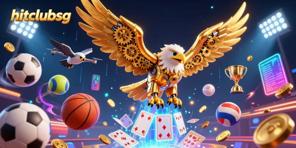 Experience the thrill of gaming at hitclubsg with dynamic golden eagle diving through colorful cards.